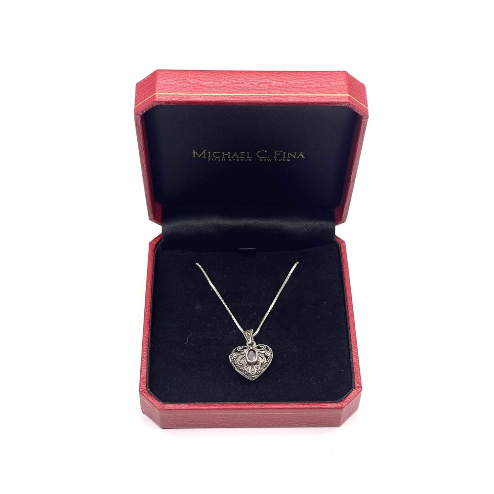 Michael C Fina Sterling Silver Garnet Marcasite Heart Locket Necklace Italy